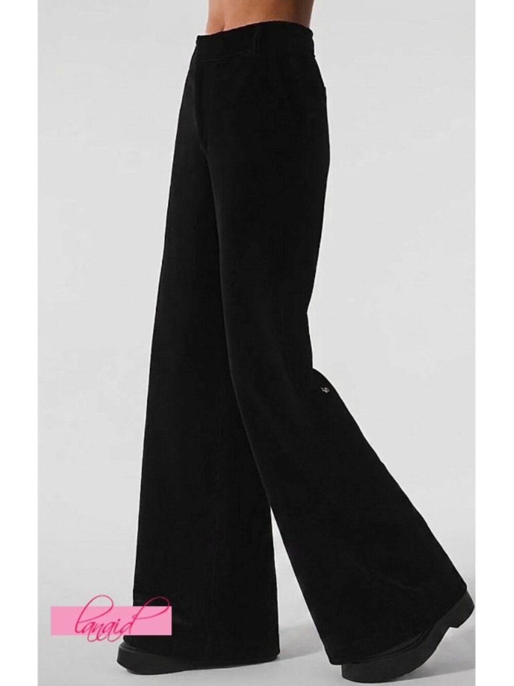 NEW Alo Micro Corduroy Dreamer Wide Leg Trousers Black High-Rise Waist Waisted M